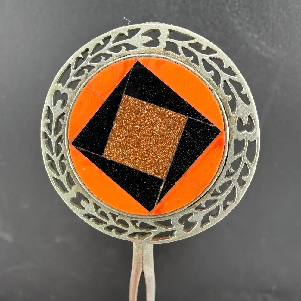 Vintage Hair Pin Silver Orange Geometric Goldstone Inlay Women